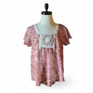 RuffHewn‎ Red Paisley Mesh Blouse Crochet Lace Trim Square Neck Small